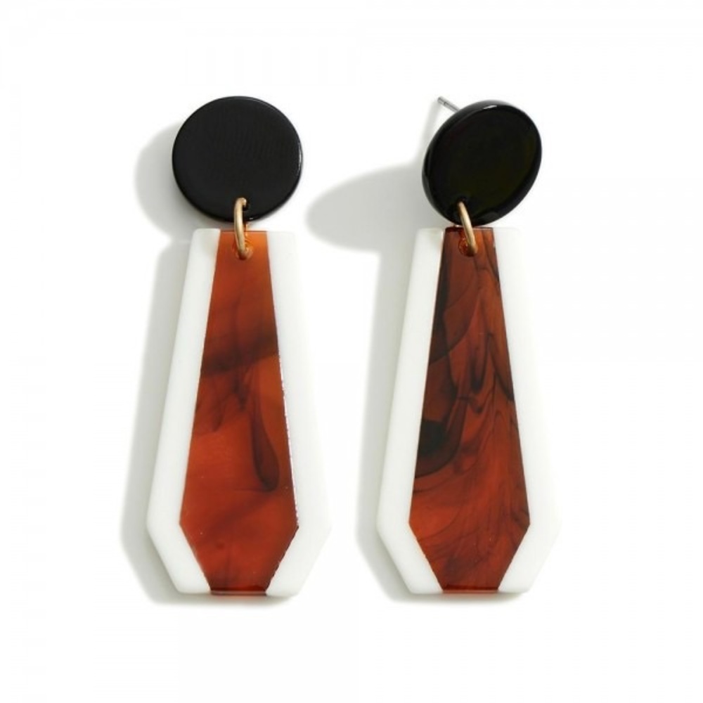 Modern Resin Post Drop‎ Earring Black Tortoise White